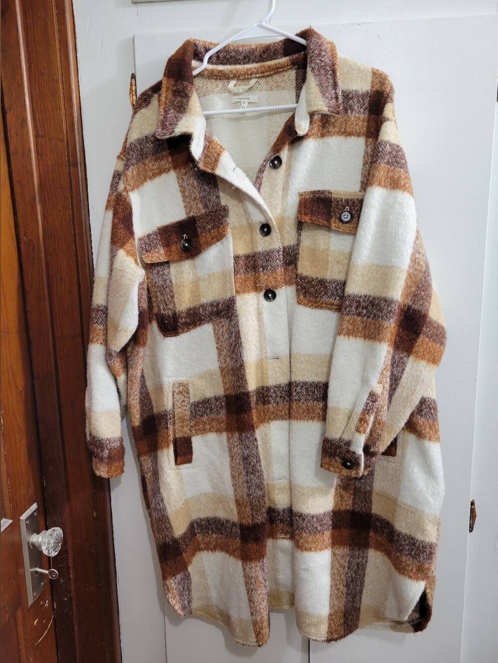 Plaid Button-Front Long Line Shacket Jacket in Cream and Brown